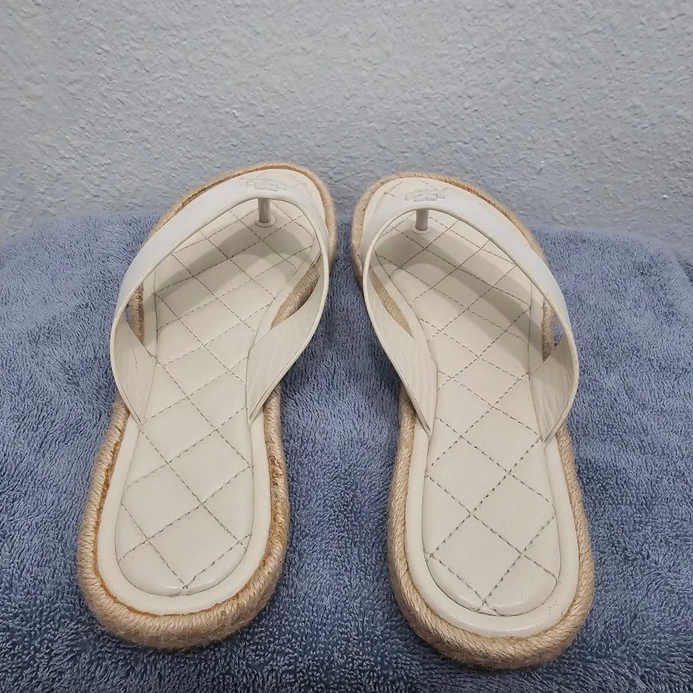 Tory Burch Ines Espadrille Thong Sandals White Leather Double T‎ Logo Flat 8M